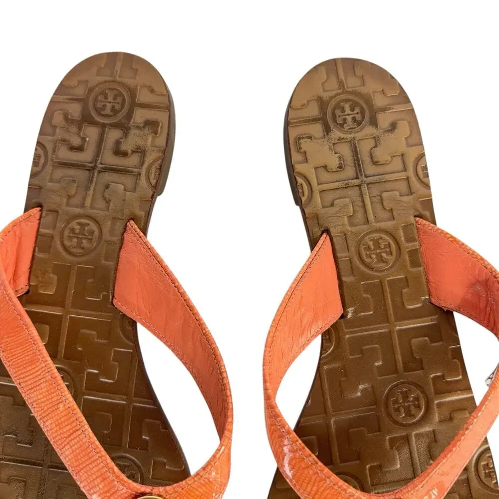 Tory Burch Thora Logo Orange Leather Thong Flip-Flop Flat Sandal Women's Size 9